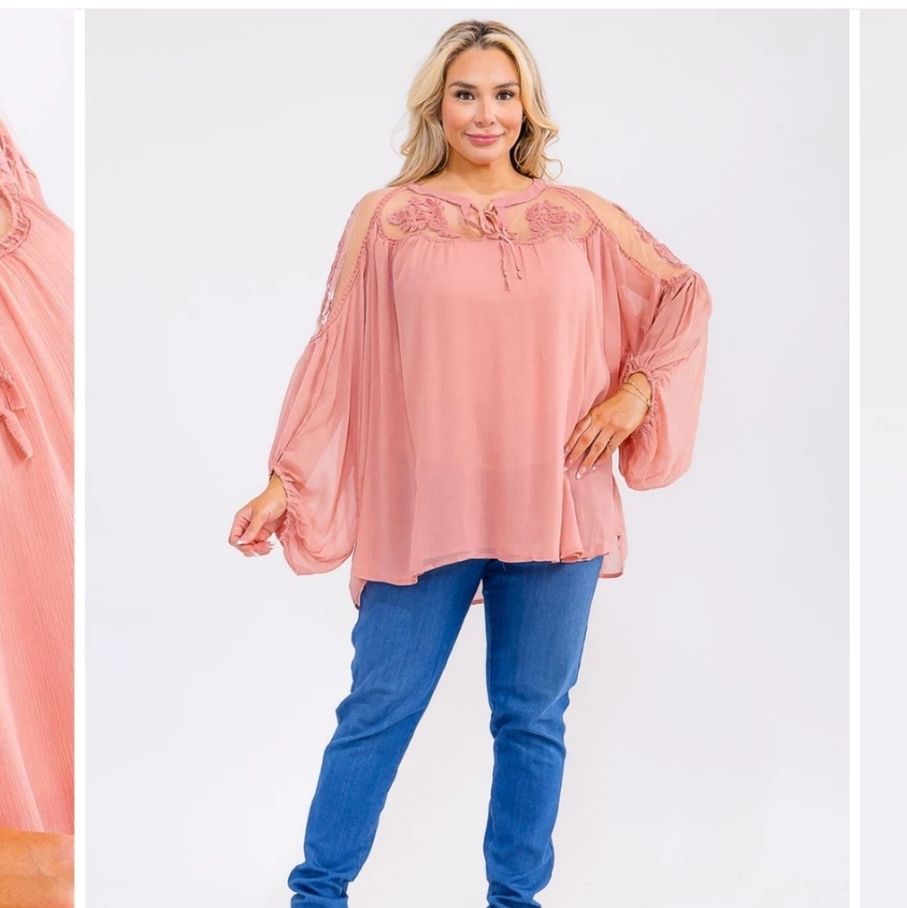 Hayden Elegant Pink Lace Shoulder Top - Picture 3 of 4
